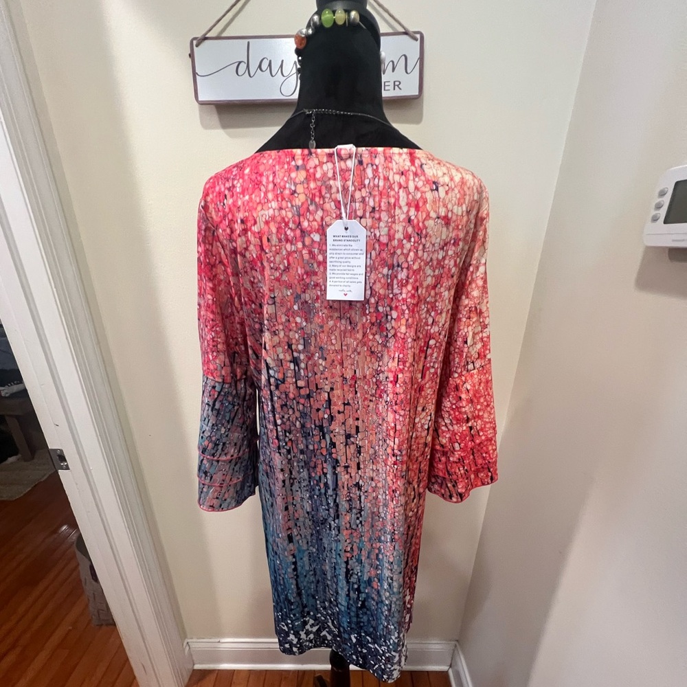 Women’s Ombre Bell Sleeve Shift Dress Pink Teal V-Neck Boho Size Medium NWT - Picture 6 of 13
